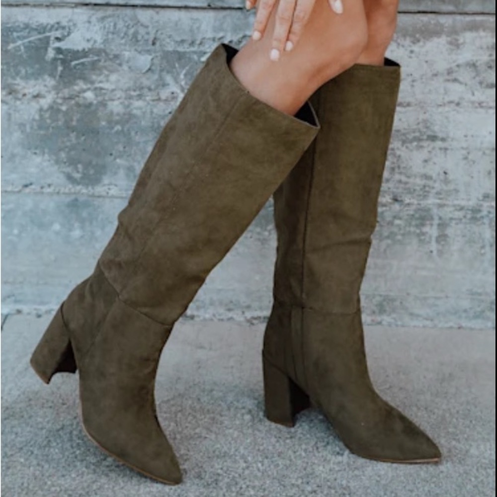 Lulus Katari Olive Green Suede Pointed-Toe Knee High Boots